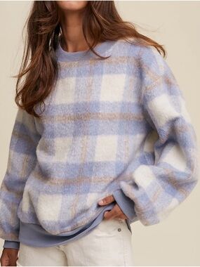 Listicle Pastel Blue and White Plaid Crewneck Sweater